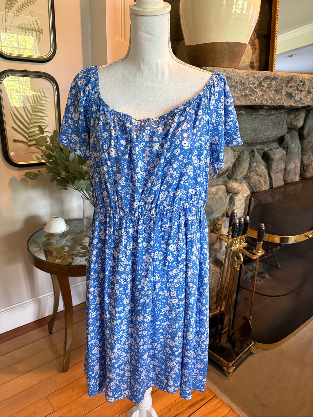 Blue Floral Off-Shoulder Elastic Waist Mini Dress